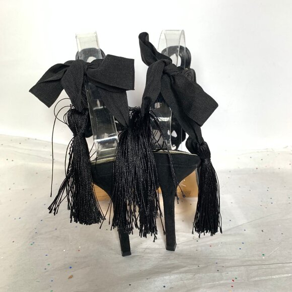 Express x Brian Atwood Black Macrame Lace up Ankle Stiletto Sandals Tassel Tie - Picture 10 of 16